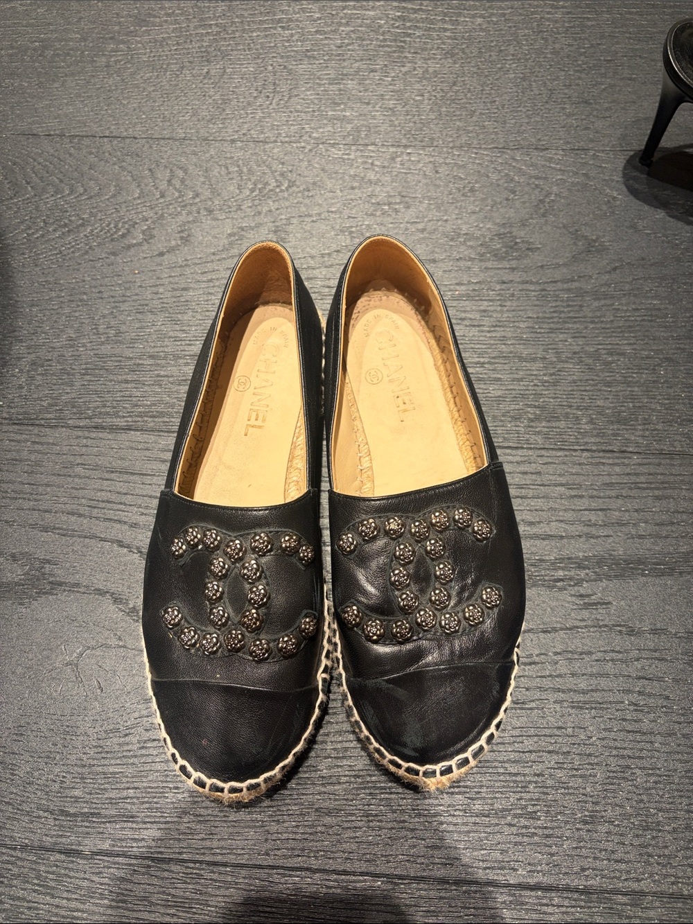 CHANEL Black Leather Espadrilles with Studded CC Motif
